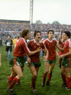 13 Nov 1983:  Portuguese players celebrate after winning their European Championship qualifying match against the USSR played in Lisbon, Portugal. Portugal won the match 1-0.  Mandatory Credit: Allsport UK /Allsport